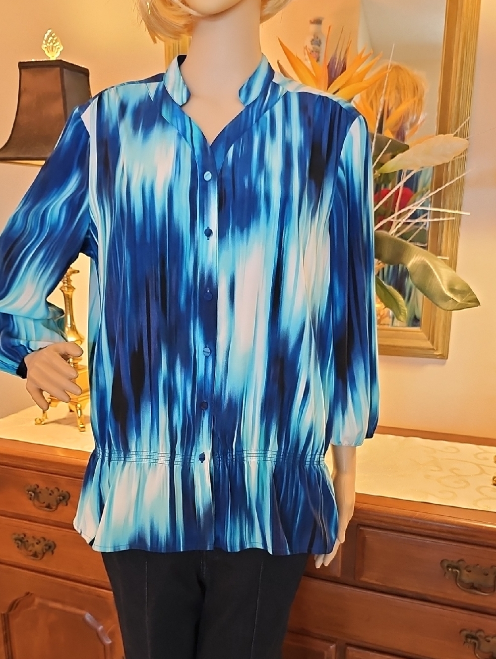 Chico's Blue and White Watercolor Stripe Button-Up Blouse